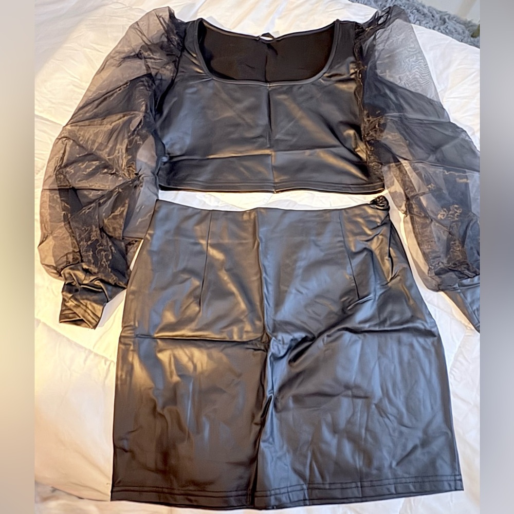 NWOT SHEIN Black Mini Skirt with Sheer Sleeve Top